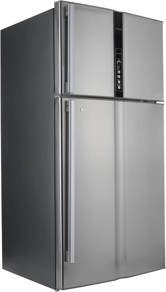 Hitachi - double door refrigerator, with top freezer and large capacity 24.8 cubic feet, frost-free, equipped with adjustable glass shelves, energy-saving inverter compressor, LED display, freestanding design in luxurious silver color, 5-star energy effic