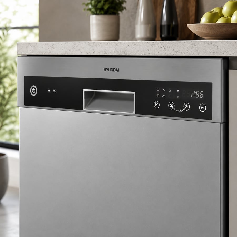 Hyundai dishwasher - free-standing 14 place settings 7 washing programs 2 water spray nozzles lower and upper the upper basket adjustable the offer wider space for large utensils. Foldable supports - triple rack digital display touch control - AB2