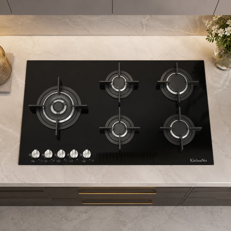 Kitchen Net 5 - Level 5 Gas stove Ceramic crystal 90 cm side eye triple burners - auto ignition with one press of a button - flame cut-off safety device - front switches - Italian manufacturing MP2201005