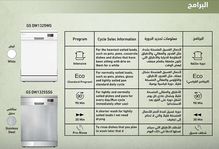 General Supreme dishwasher, 5 programs, 13 place settings, 2 racks, half load feature, white - GSDW1325WG