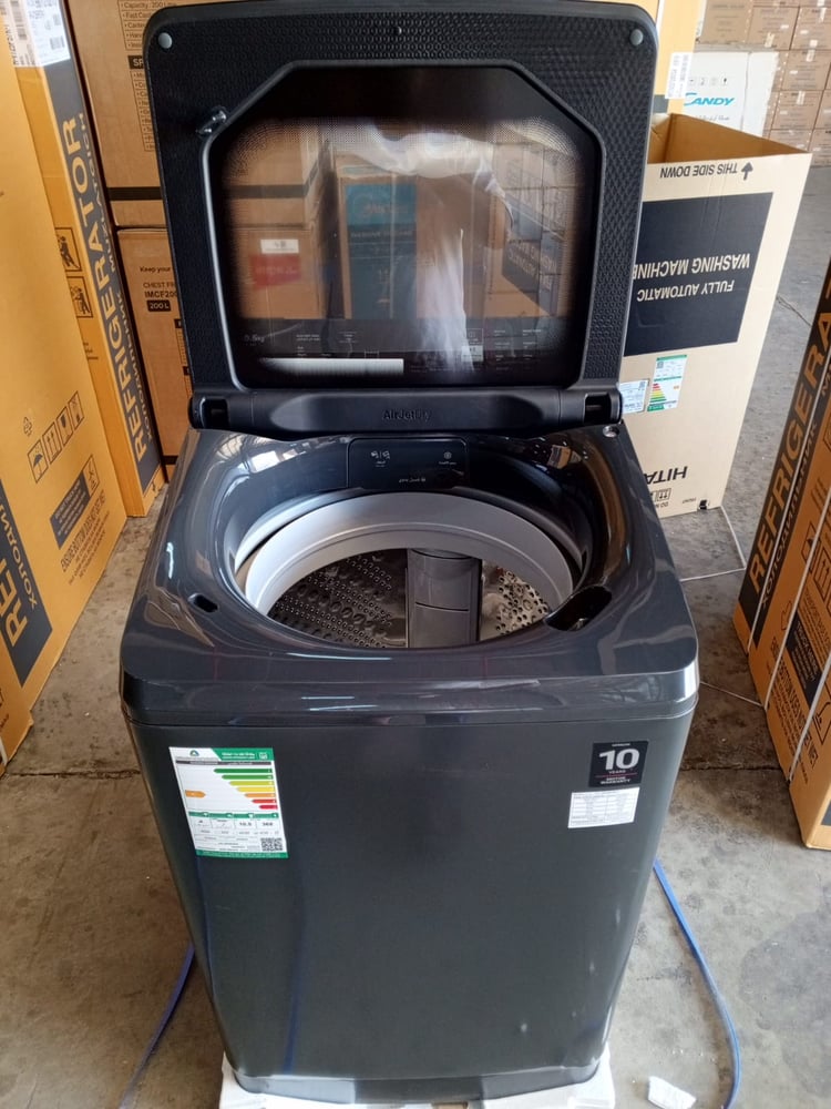Hitachi top-loading washing machine 10.5 kg dark gray with double waterfall, energy-saving impeller, flexible detergent drawer, manual wash mode, stain removal programs, 20-minute quick wash, self-cleaning, quiet inverter motor — LTLH0PMVW0TGG