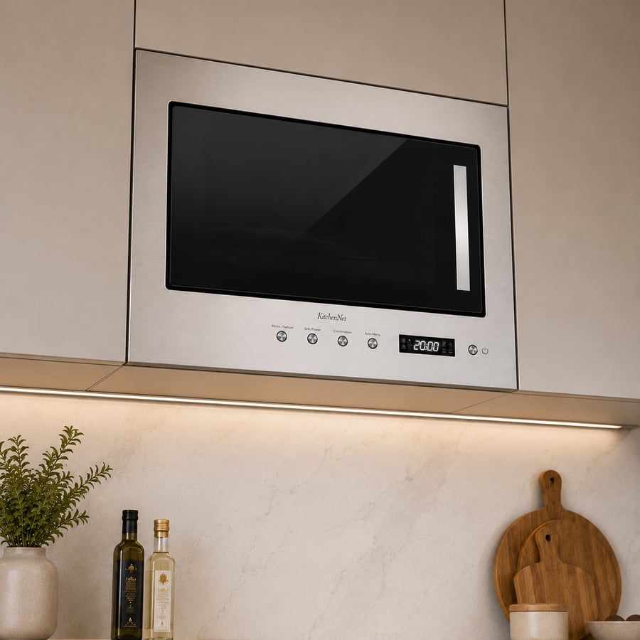 كيتشن نت Kitchen Net - ميكرويف بلت-إن 20 لتر مع شوايه - 6 برامج - الطاقه 700 واط للميكرويف - 800 واط للشوايه - قفل للاطفال - تجويف داخلي من الستانلس ستيل ( المقاس  60 * 38 سم )  - JN2204003
