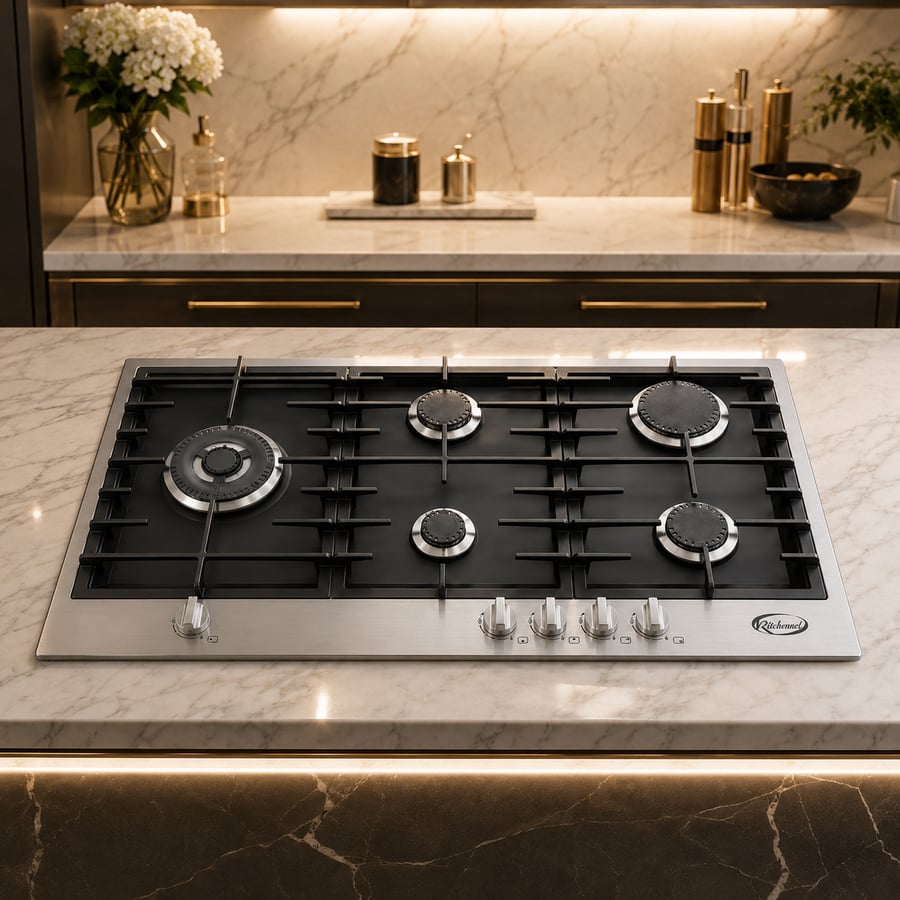 سطح كيتشن نت Kitchen Net شعلات 5 غاز شبك ثقيل أطراف السطح ستانليس ستيل  سطح أستيل أسود مطفي 90 سم موديل MP2201010