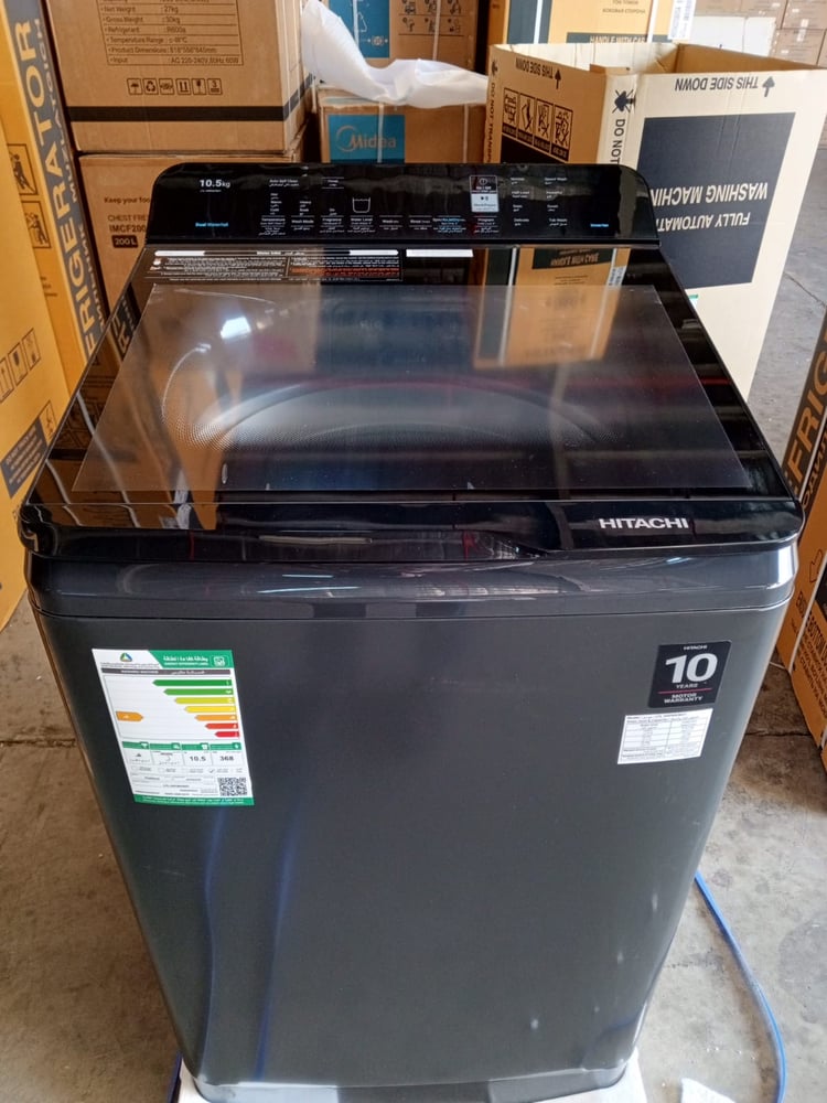 Hitachi top-loading washing machine 10.5 kg dark gray with double waterfall, energy-saving impeller, flexible detergent drawer, manual wash mode, stain removal programs, 20-minute quick wash, self-cleaning, quiet inverter motor — LTLH0PMVW0TGG