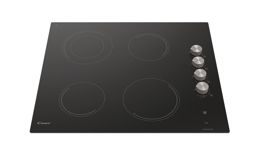 Candy built-in electric ceramic surface, 60 cm size, 4 burners, 12 power levels, mechanical metal control handle, Italian-made, model CH64DCK-19