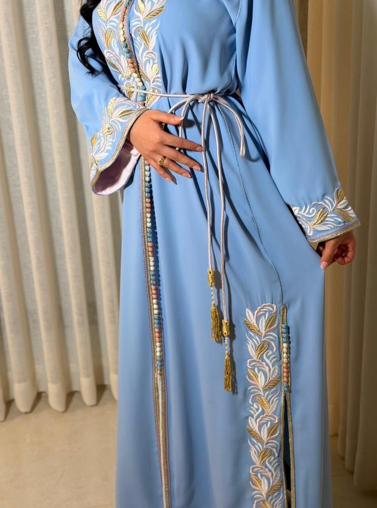 قفطان أزرق سماوي بلمسات زهرية ولؤلؤية - Sky Blue, Blush Pink & Pearl White
