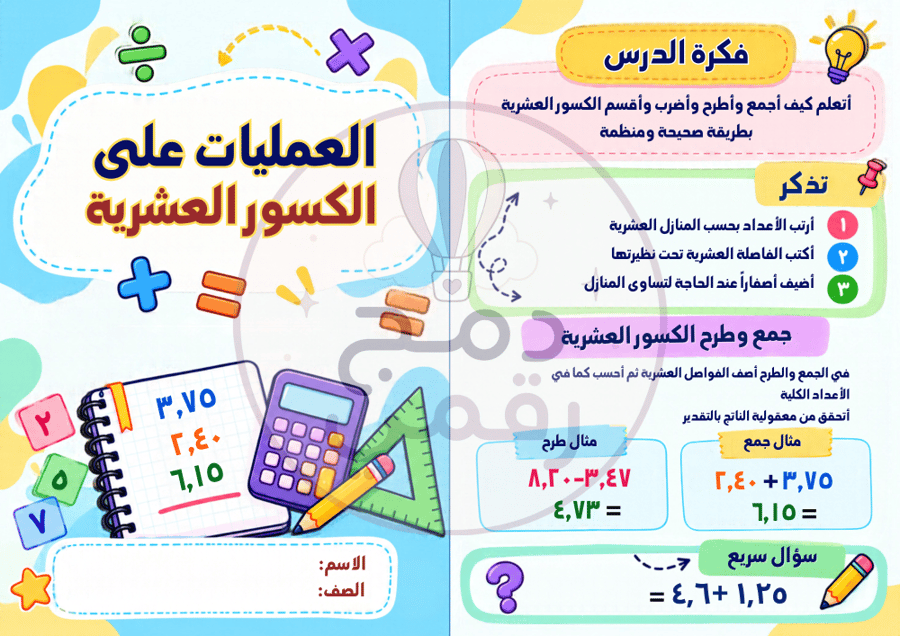 مطوية العمليات على الكسور العشرية - رياضيات - سادس