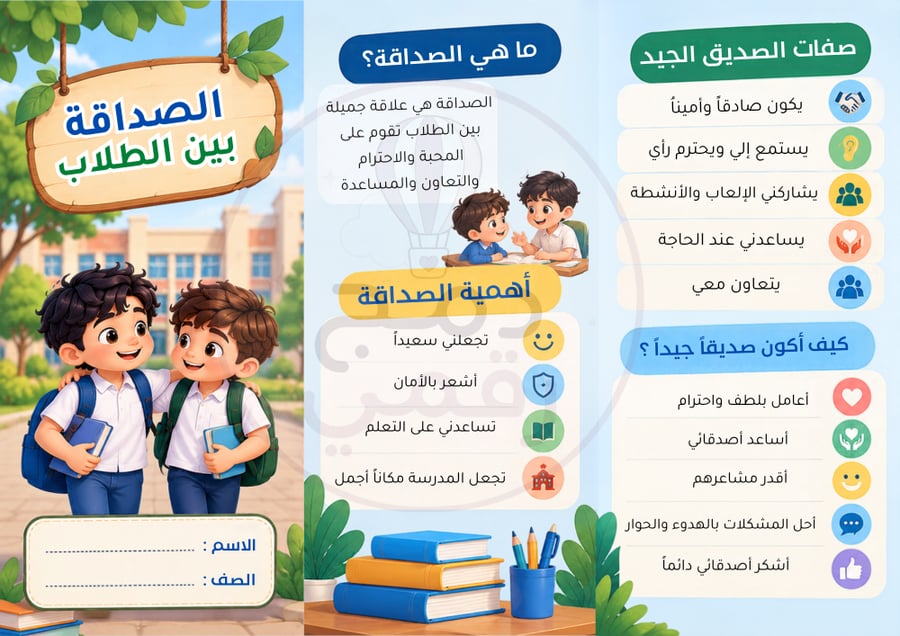 مطوية الصداقة بين الطلاب -لغتي - ثاني ابتدائي