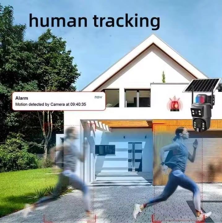 Solar-powered surveillance camera with internet SIM card and two lenses