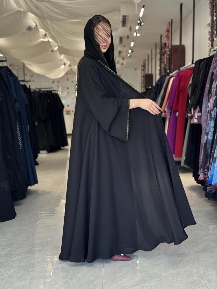 عباية D531- دبل كلوش بقماش انترنت بتطريز بالياقة والاكمام - زيتي
