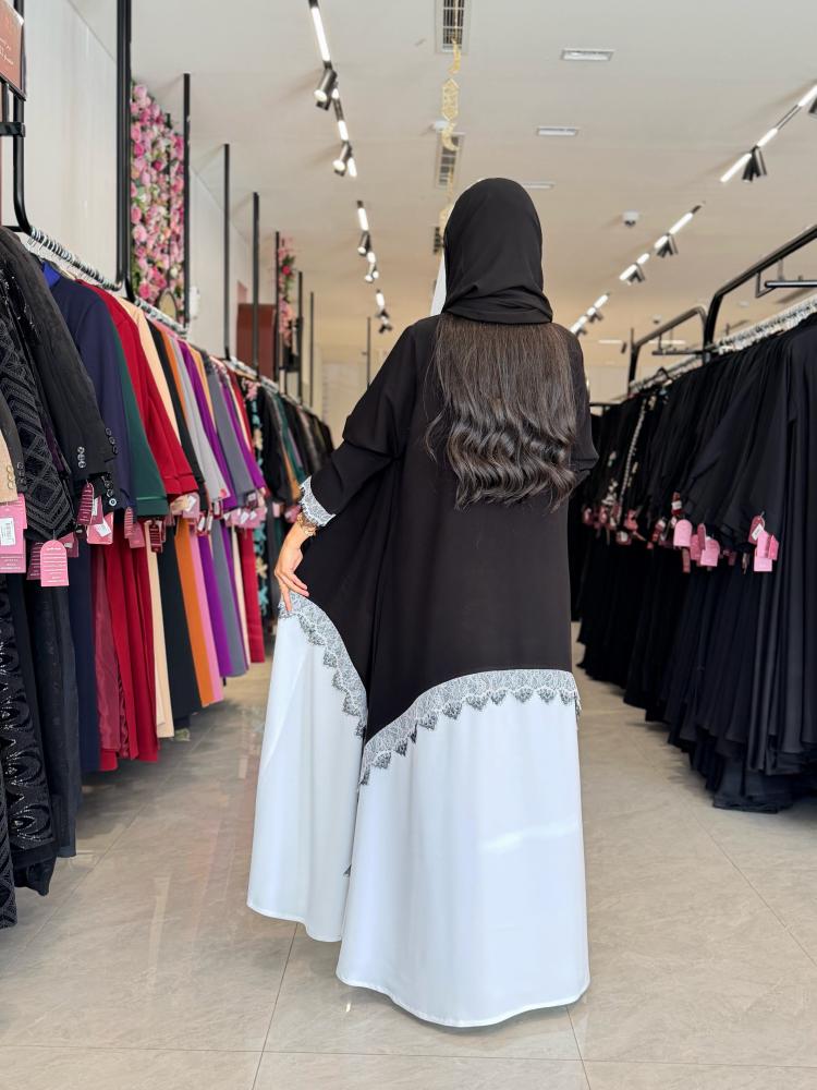 عباية D878 - بقماش رموش كوري بكلفة دانتل نص كلوش - اسود مع سماوي