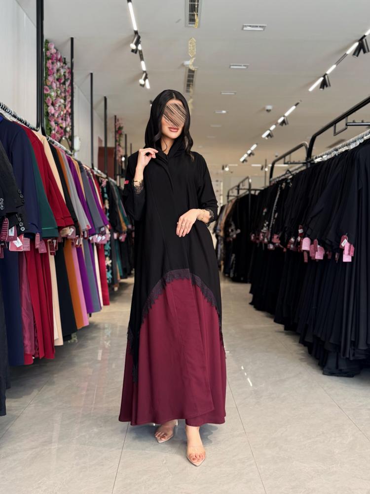 عباية D878 - بقماش رموش كوري بكلفة دانتل نص كلوش - اسود مع عنابي