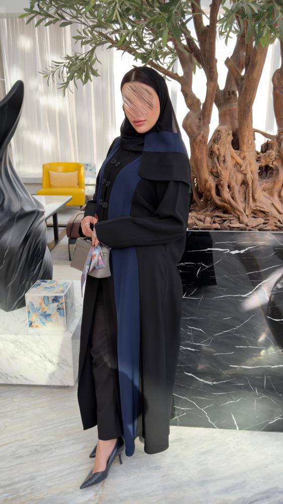 عباية D70054 - بقماش كريب كوبرا بتدخيلات مزين بازرة - كحلي