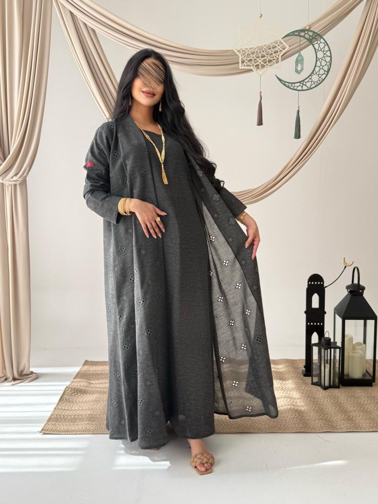 عباية D798 - بقماش لنن مخرم- (يشملها فستان)- رصاصي