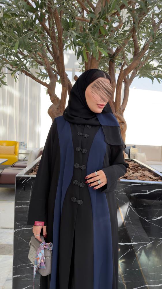 عباية D70054 - بقماش كريب كوبرا بتدخيلات مزين بازرة - كحلي