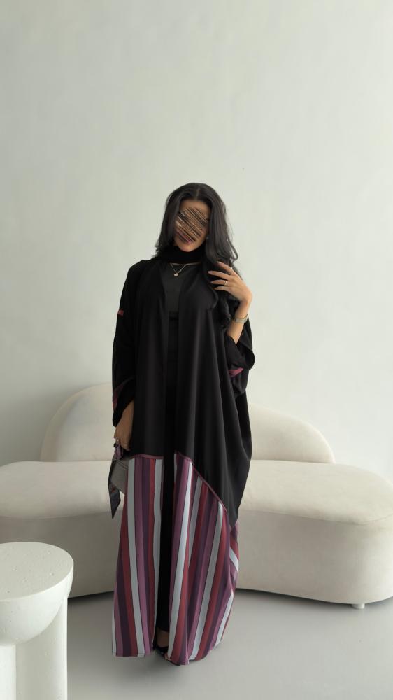عباية D5119 - بقماش كريب كوبرا وشيفون مخطط قصة  نص بشت - عنابي مع موف