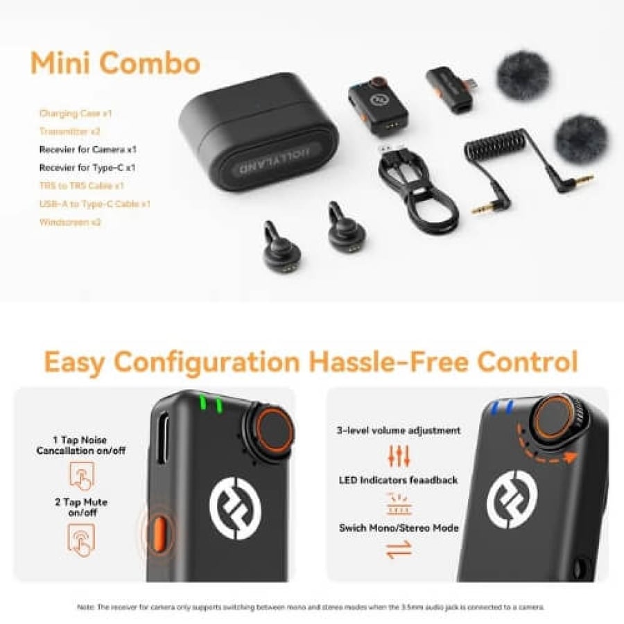مايك Lark M2S Mini Combo | توصيل مزدوج (وصلة type c مع رسيفر للكاميرا) لاسلكي احترافي | 300 متر، تيتانيوم، عزل ضوضاء ENC