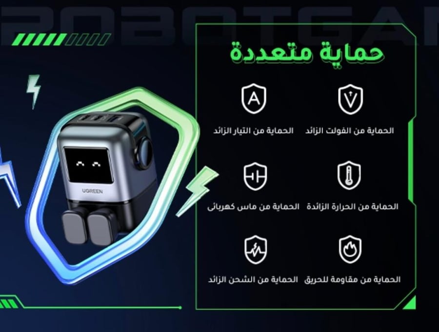 فيش شاحن جداري بثلاث منافذ وقدرة 65 واط من UGREEN شاشة تفاعلية