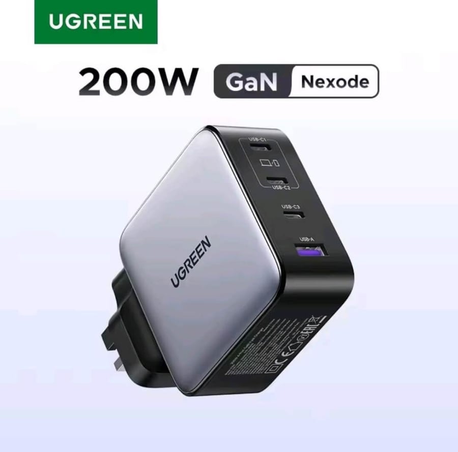 شاحن Ugreen GaN 200 واط بأربعة منافذ، شحن فائق للابتوب والجوال