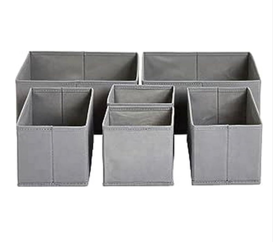 Set of fabric boxes for organizing storage in drawers and shelves, gray color, 6 pieces, and 3 practical and distinctive sizes