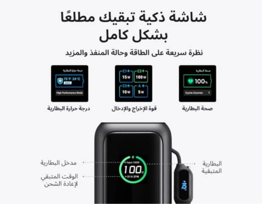 أصلي باور بانك أحدث إصدار من انكر 25 الف ملي امبير بسرعة 165w وحجم أصغر مع كابلات مدمجة وقابلة للطي شحن فائق للابتوب والجوال