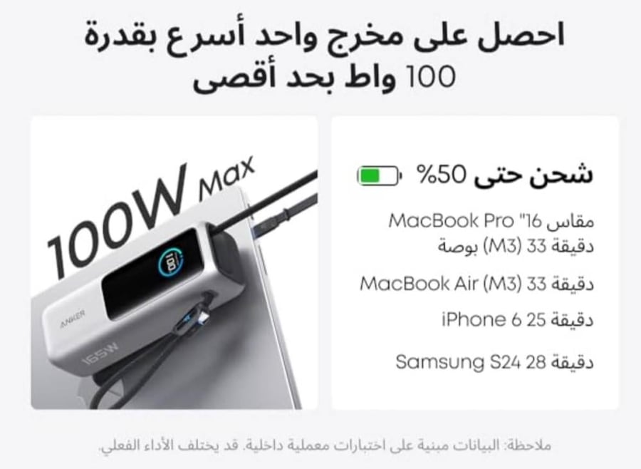 أصلي باور بانك أحدث إصدار من انكر 25 الف ملي امبير بسرعة 165w وحجم أصغر مع كابلات مدمجة وقابلة للطي شحن فائق للابتوب والجوال