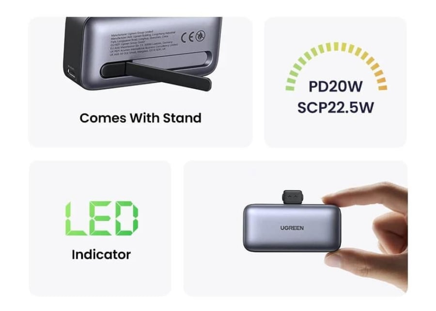 يوجرين بطارية متنقلة مع موصل USB-C مدمج بسعة 5000 ملي امبير بقوة 22.5 واط