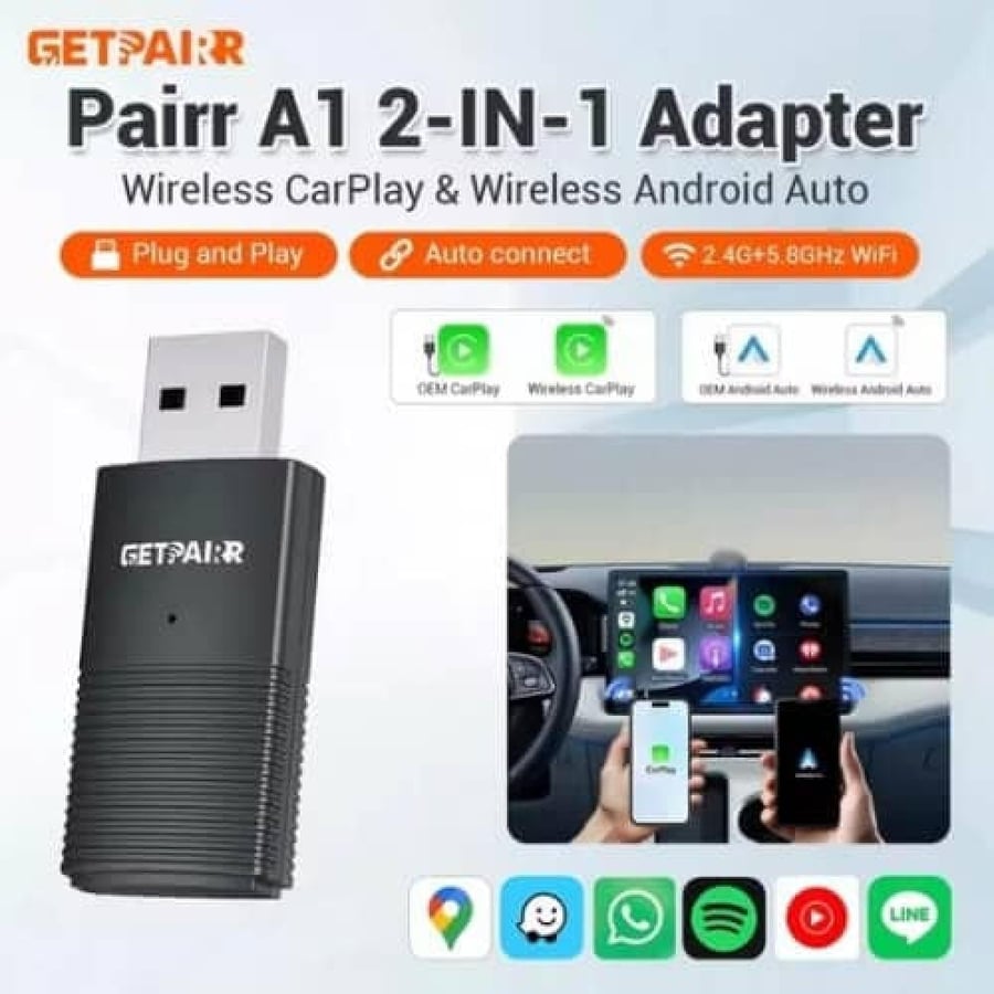 محول GETPAIRR A1 لاسلكي 2 في 1 | CarPlay & Android Auto، واي فاي 5.8GHz، بدون أسلاك