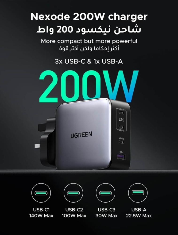 شاحن Ugreen GaN 200 واط بأربعة منافذ، شحن فائق للابتوب والجوال