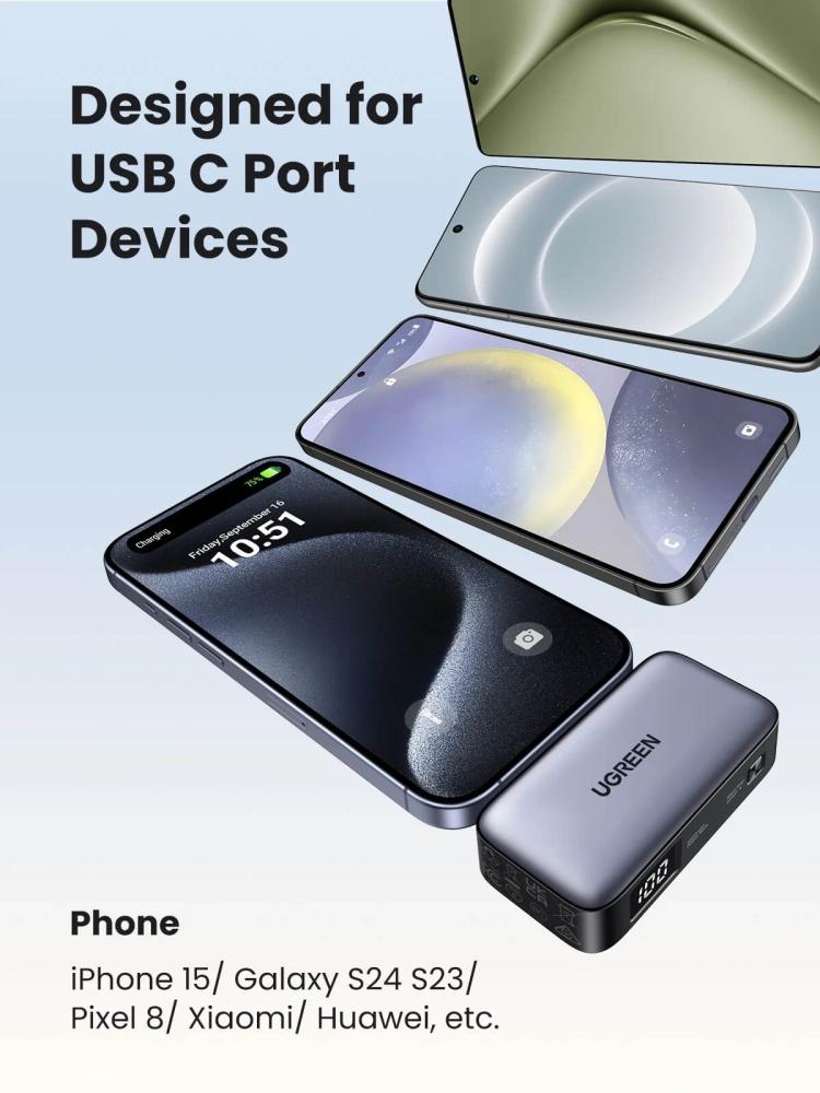 يوجرين بطارية متنقلة مع موصل USB-C مدمج بسعة 5000 ملي امبير بقوة 22.5 واط