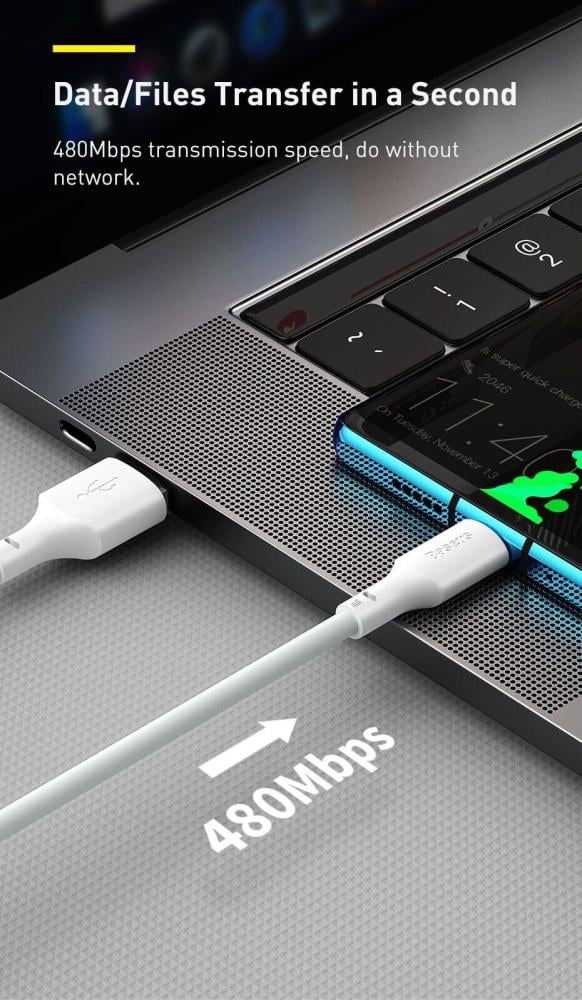 علبة تحتوي على عدد 2 كيبل سريع بمنفذ USB ومنفذ type c من Baseus بطول متر ونصف A5 بديل كيابل شحن الجوالات السريعة جدا