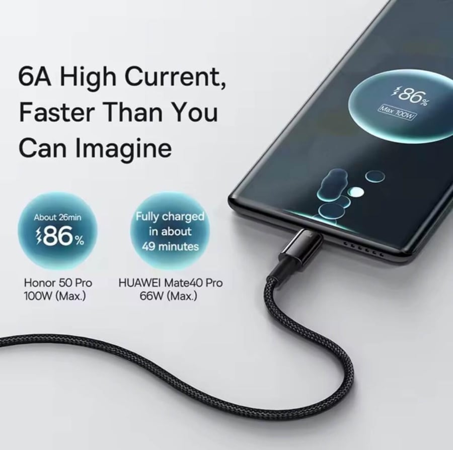 كيبل شحن سريع جدا 100 واط بمنفذ USB A إلى type c لشحن الهواتف الصينية الرائدة بأقصى سرعة هونر هواوي ون بلس ريلمي بوكو، طول 1 متر