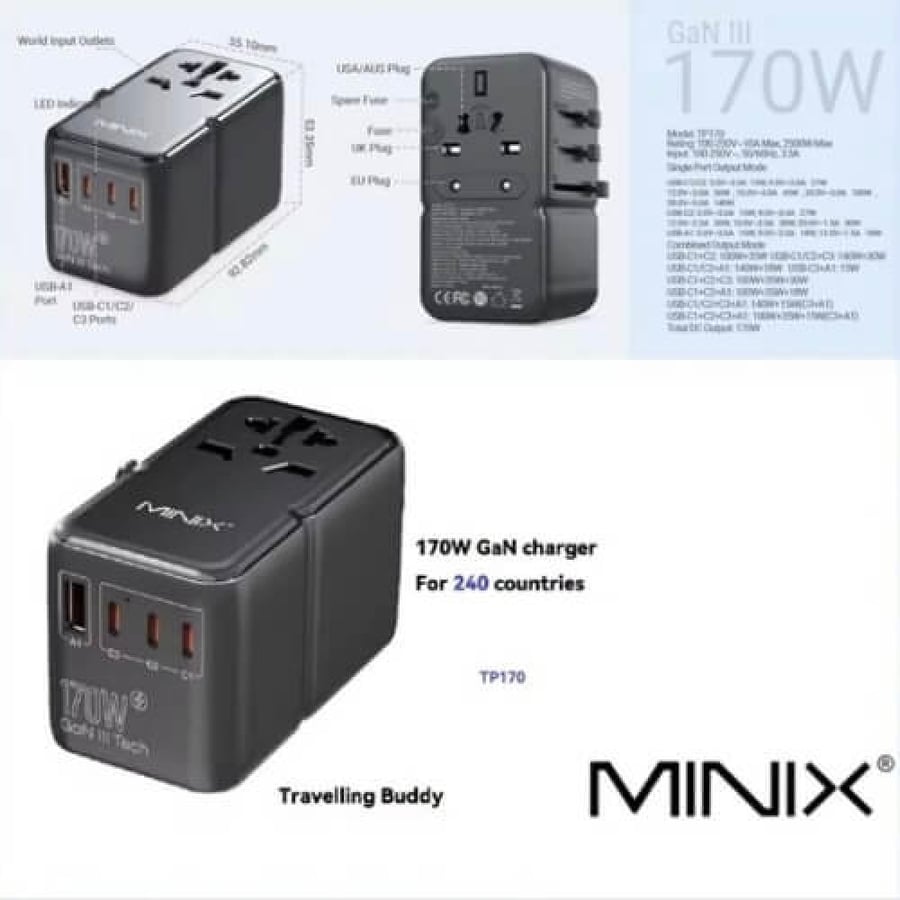 محول دولي فيش سفر عالمي MINIX (GaN) | قوة 170 واط، سريع جداً وآمن لجميع الأجهزة عالية الطاقة شحن فائق للابتوب والجوال