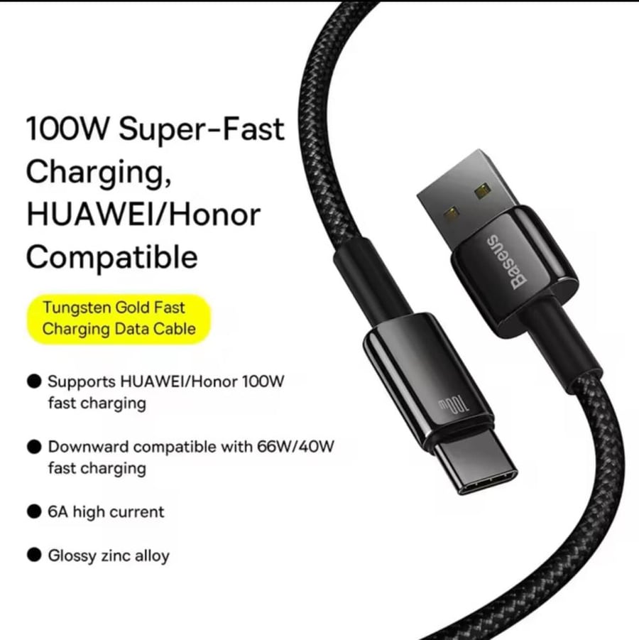 كيبل شحن سريع جدا 100 واط بمنفذ USB A إلى type c لشحن الهواتف الصينية الرائدة بأقصى سرعة هونر هواوي ون بلس ريلمي بوكو، طول 1 متر