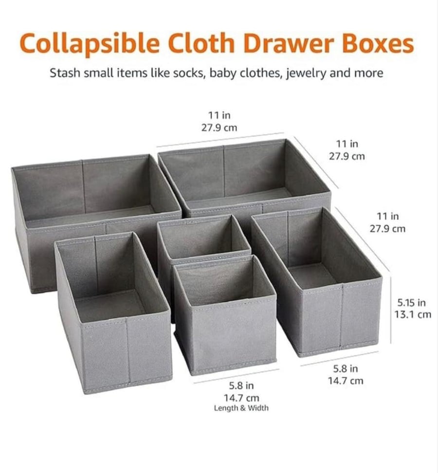 Set of fabric boxes for organizing storage in drawers and shelves, gray color, 6 pieces, and 3 practical and distinctive sizes
