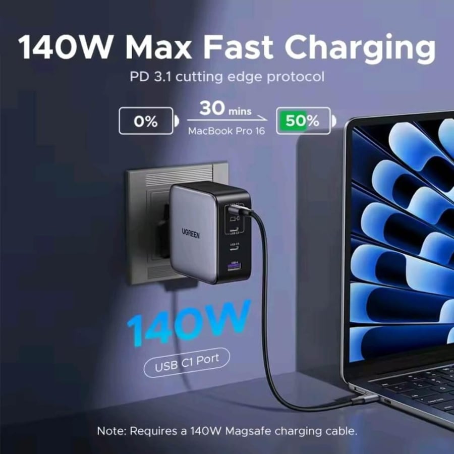 شاحن Ugreen GaN 200 واط بأربعة منافذ، شحن فائق للابتوب والجوال