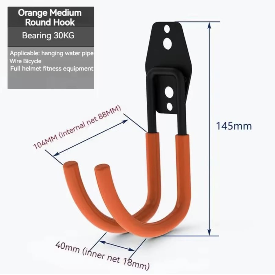 Heavy-duty metal hook for hanging bicycles or heavy items. Garage