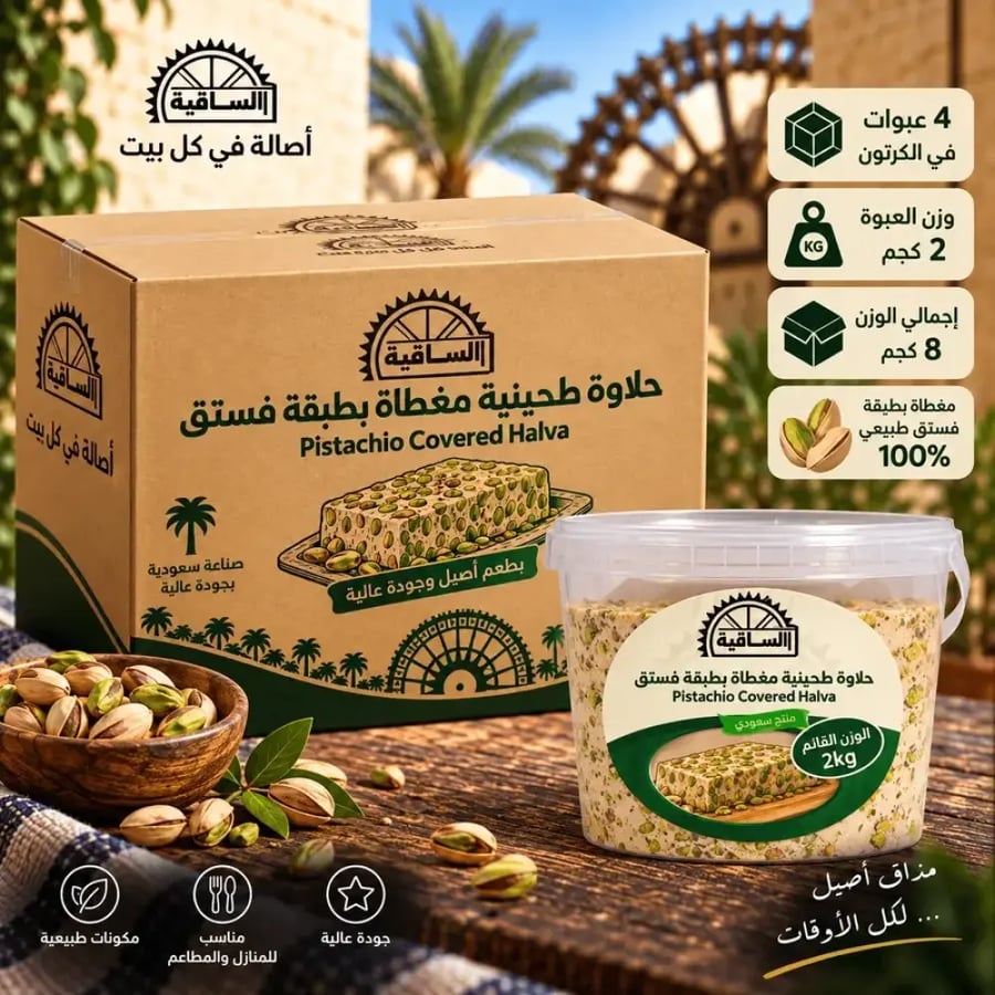 كرتونة حلاوة طحينية مغطاة بطبقة فستق بسعر الجملة ٤ عبوة ، فئة ٢ كيلو