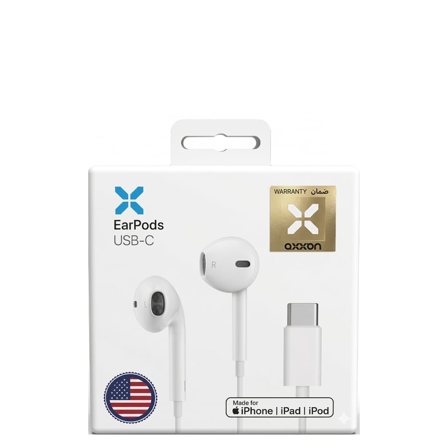 عبوة سماعة AXXAN السلكية مع إظهار موصل USB-C ضمن بكج أورا تايب سي