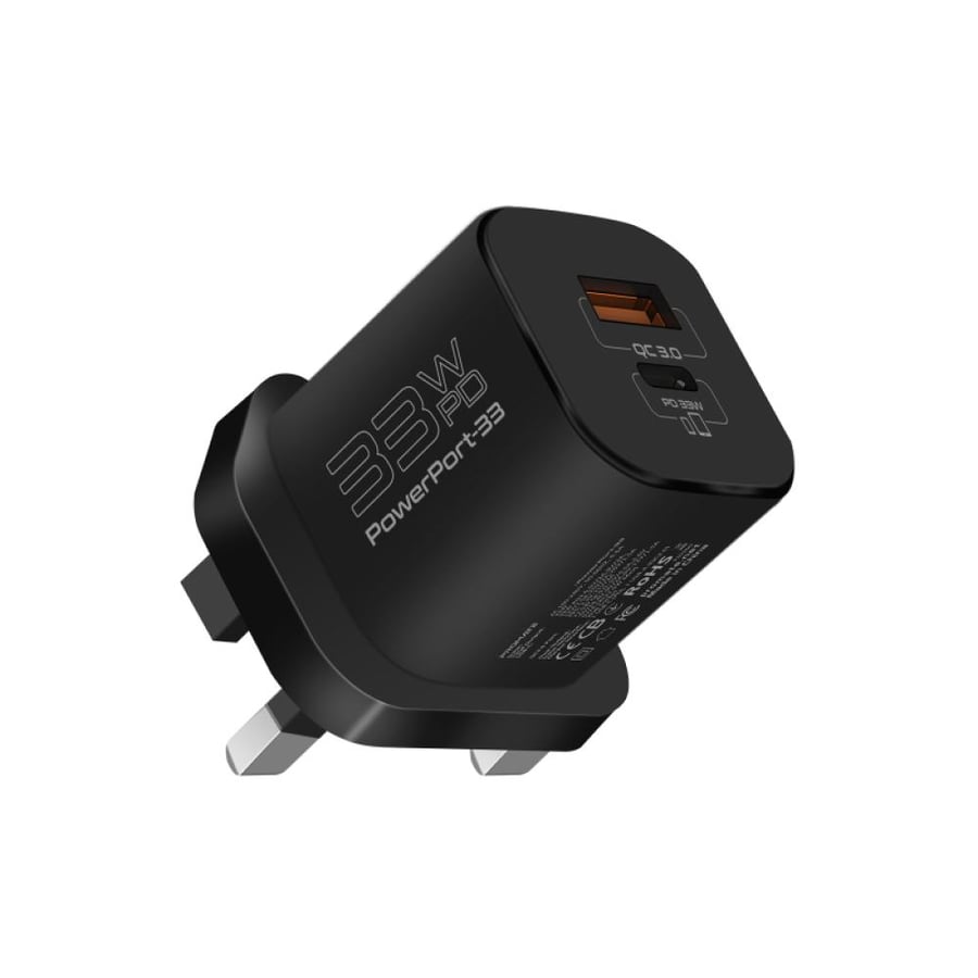The speed and excellent performance with the small-sized wall charger head, providing a power delivery of 33 watts with innovative GaNFast technology with a USB-C port and a USB-A port, to charge your devices quickly and efficiently - Promate PowerPort-33