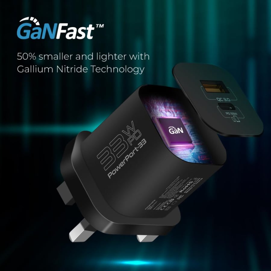 The speed and excellent performance with the small-sized wall charger head, providing a power delivery of 33 watts with innovative GaNFast technology with a USB-C port and a USB-A port, to charge your devices quickly and efficiently - Promate PowerPort-33