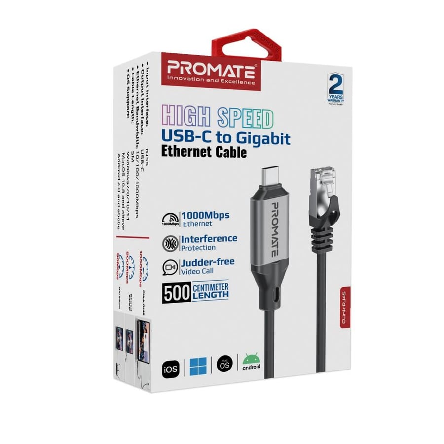 أفضل كيبل إيثرنت USB-C إلى RJ45 بسرعة 1000 ميجابت في الثانية وبطول 5 أمتار مصنوع من سبائك الألومنيوم الممتازة، يدعم جميع أجهزة USB-C بما في ذلك الحواسيب المحمولة، الأجهزة اللوحية والهواتف المحمولة مع دعم التوصيل والتشغيل Promate CLink-RJ45