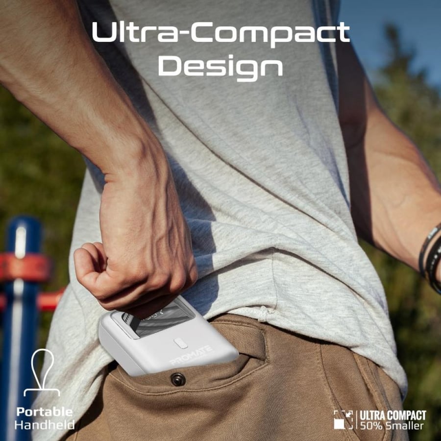 Super small portable battery with 35 watt capacity, 10000 mAh, SuperSpeed™, with USB-C Type-C cable and PD power delivery of 35 watt, with integrated USB-C cable, USB-C input/output, and LED battery screen from Promate PowerPod-10