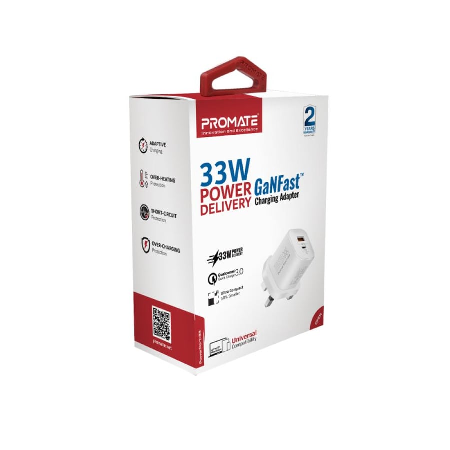 The speed and excellent performance with the small-sized wall charger head, providing a power delivery of 33 watts with innovative GaNFast technology with a USB-C port and a USB-A port, to charge your devices quickly and efficiently - Promate PowerPort-33