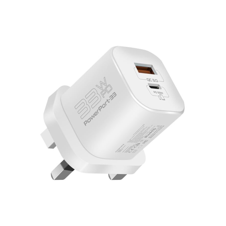 The speed and excellent performance with the small-sized wall charger head, providing a power delivery of 33 watts with innovative GaNFast technology with a USB-C port and a USB-A port, to charge your devices quickly and efficiently - Promate PowerPort-33