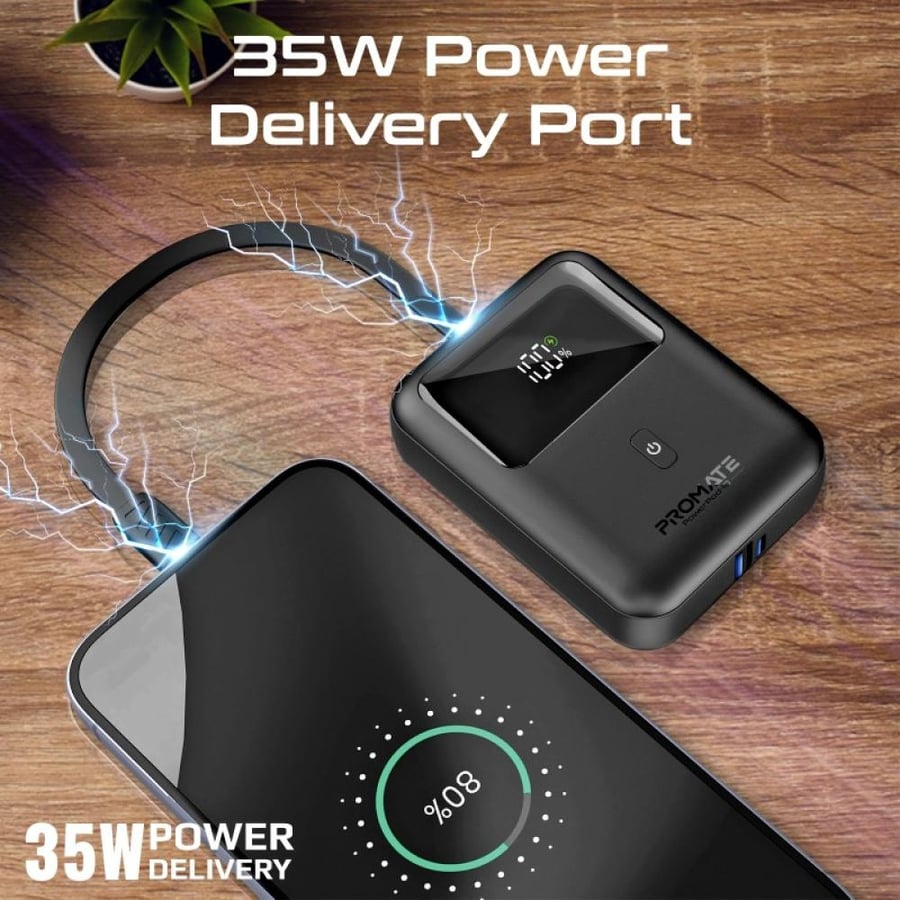 Super small portable battery with 35 watt capacity, 10000 mAh, SuperSpeed™, with USB-C Type-C cable and PD power delivery of 35 watt, with integrated USB-C cable, USB-C input/output, and LED battery screen from Promate PowerPod-10
