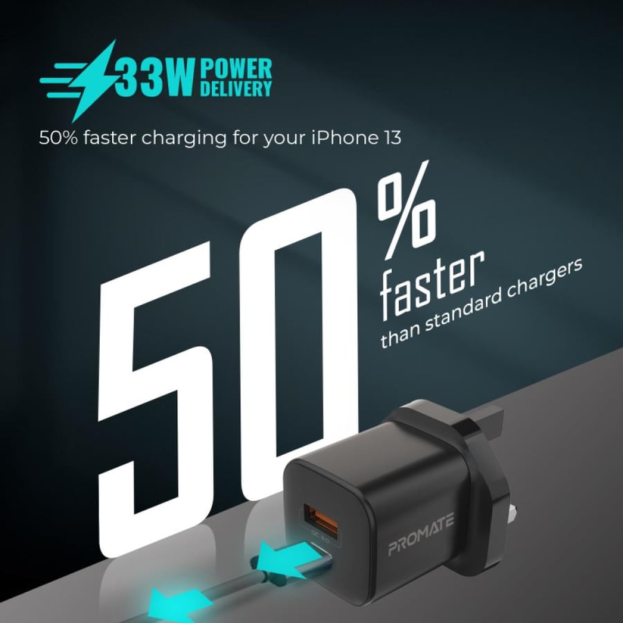 The speed and excellent performance with the small-sized wall charger head, providing a power delivery of 33 watts with innovative GaNFast technology with a USB-C port and a USB-A port, to charge your devices quickly and efficiently - Promate PowerPort-33