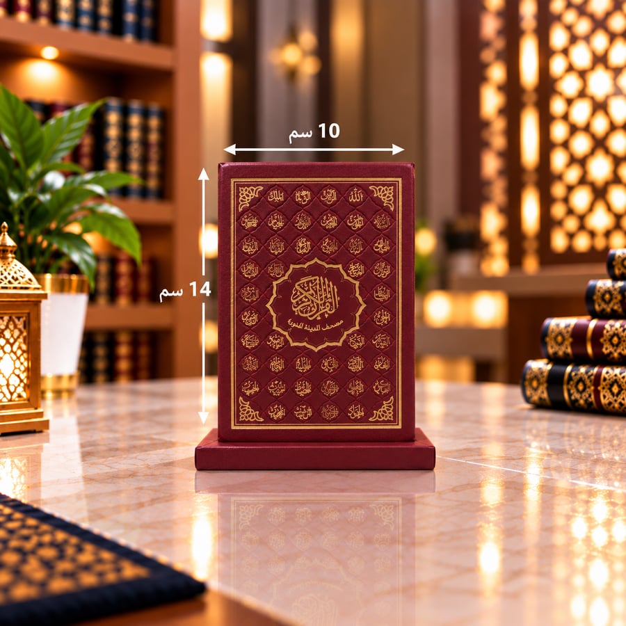 مصحف المدينة الفاخر بتلبيس جلد مع حامل مكتبي وإمكانية حفر الأسماء - هدية مميزة