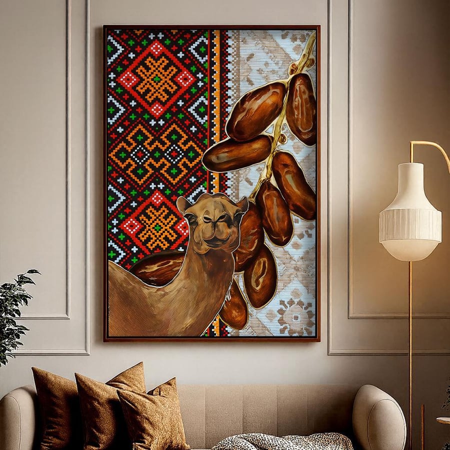 A heritage art panel of a camel and date palms with Arabic decorations – canvas with MDF wooden frame