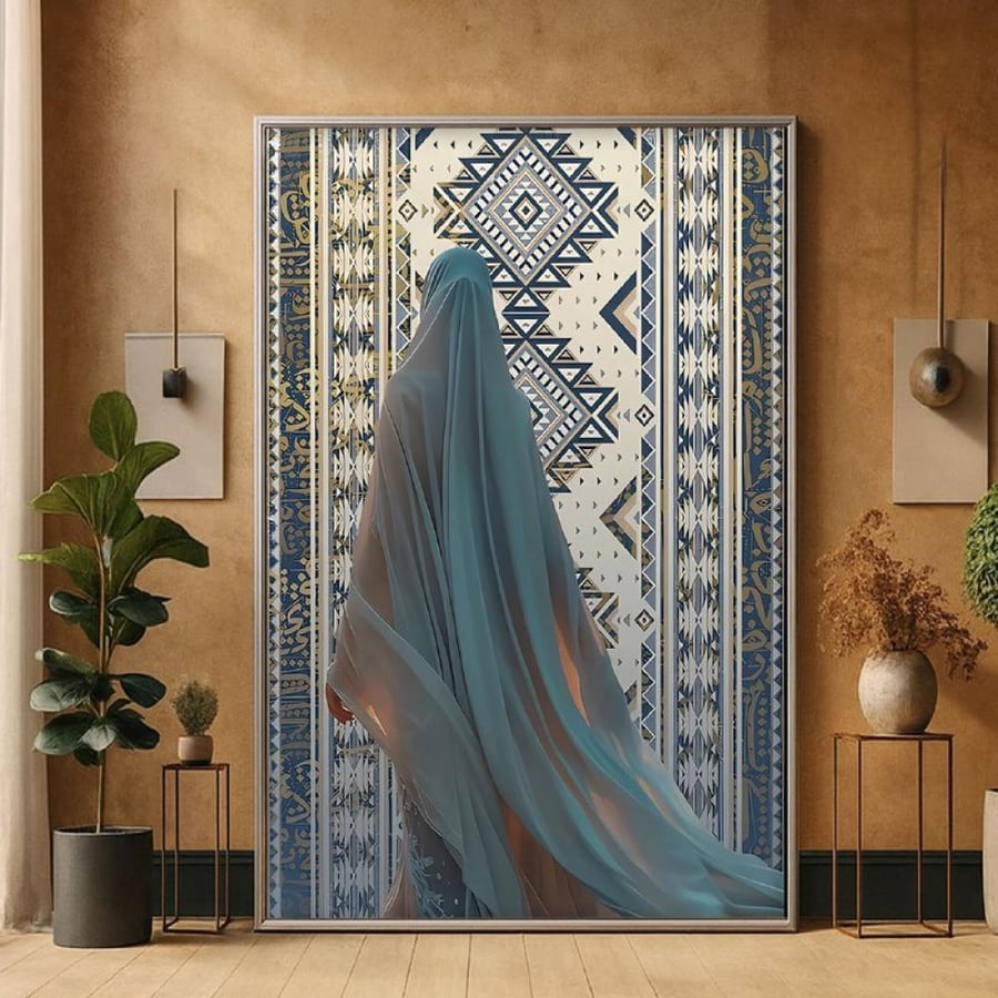 لوحة فنية بلمسة تراثية هادئة وزخارف هندسية عربية على كانفاس